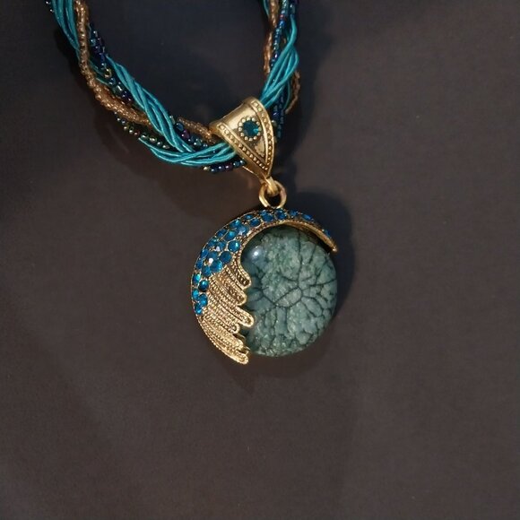 Turquoise And  Gold Tone Pendant Necklace Faux Opal - Picture 2 of 4